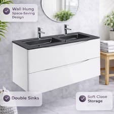 Image of 1200mm Wall Hung Bathroom Vanity Unit Gloss White Cabinet Double Grey Basin