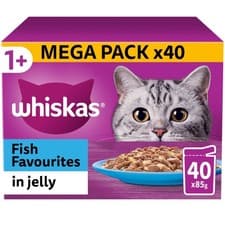 Image of 80 x 85g Whiskas 1+ Fish Favourites Mixed Adult Wet Cat Food Pouches in Jelly