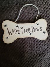 Image of 7×3.5" Wooden Sign In The Shape Of A Dog Bone W "Wipe Your Paws" On It/Dog Decor