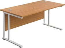 Image of Heavy Duty Cantilever Desk 140x80 cm – Oak Top, White Frame, Cable Ports