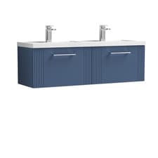 Image of Nuie Deco Satin Blue 1200mm Wall Hung 2 Drawer Vanity Unit and Double Polymarble