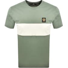 Image of BELSTAFF COLOUR BLOCK COTTON T-SHIRT IN SAGE GREEN/SILVER BIRCH M RRP £80 BNWT