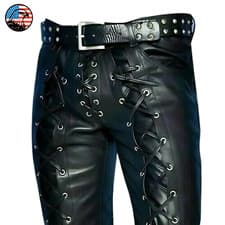 Image of Men's Black Genuine Leather Pants Biker Trousers Lace Up Motorcycle Riding Wear