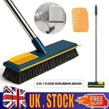 Image of Long Floor Scrubbing Brush Long Handle Pole 2 in 1 Stiff Bristle Brush Squeegee