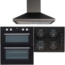 Image of SIA 60cm Black Electric Double Fan Oven, 4 Burner Gas On Glass Hob & Cooker Hood