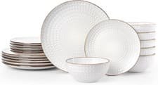 Image of Luxury 18-Piece Eden Stoneware Dinnerware Set with Gold Trim, Chip Resistant