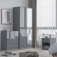 Image of Modern 3 Piece Grey Bedroom Furniture Set – Wardrobe, Chest of Drawers & Bedside