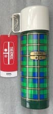 Image of THERMOS REVIVAL RETRO VINTAGE STAINLESS STEEL VACUUM FLASK ; GREEN TARTAN BNWT