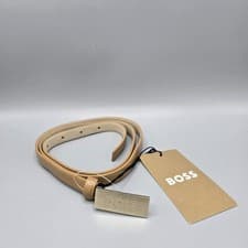 Image of Boss Amber Gold Plague Logo Brown Leather Women's Belt Size 90 New RRP £119