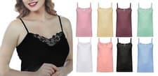 Image of Ladies Plain Stretch Cotton Vest Top Lace Trim Cami Tank Strappy Camisole Lot