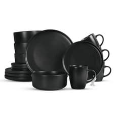 Image of Geepas 16 Piece Charcoal Black Stoneware Dinner Set Plates Bowls Kitchen Table