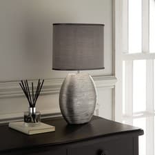 Image of Silver Ceramic Table Lamp with Grey Shade, in an Oval Shape with Oval Shade