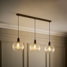 Image of Brushed Brass Ceilign Light Fitting 3 Drop Bar Over Diner Pendant Glass Shades
