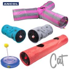 Image of Cat Kitten Tunnel Play Ancol Plastic Playground Y Shape Red Polka Blue Chase