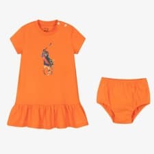 Image of Brand New Ralph Lauren Baby Girl Cotton Orange Dress+Knickers Summer 2 Piece 18m