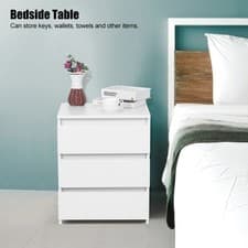 Image of White Modern Bedside Table Cabinet Nightstand With 3 Storage Drawers Bedroom Fur