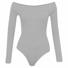 Image of Ladies Womens Off Shoulder Long Sleeve Top Plain Stretch Bardot Bodysuit Leotard