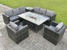 Image of Fimous PE Rattan Gas Fire Pit Dining Table Set Gas Heater Sets Chairs Dark Grey