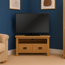 Image of Oak Corner TV Unit – Baysdale Country Rustic Media Cabinet with Drawers