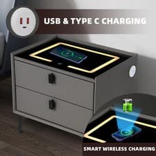 Image of LED Bedside Table 2 Drawers Wireless Charging Nightstand Cabinet Storage Modern