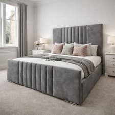 Image of Modren Super King 6ft Plush Velvet Upholstered Panel Bed Frame With Headboard