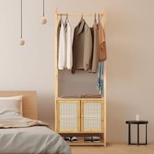 Image of Bamboo Garment Rack Tall Hanging Clothes Rack with Bottom Cabinet and Shoe Rack