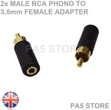 Image of 2x Gold RCA Phono Male Plugs to 3.5mm Female Socket Adapters - Audio Video UK