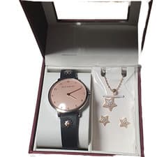 Image of Accurist Ladies Watch & Earrings Gift Set 8376G Black Leather Strap Rose Gold...
