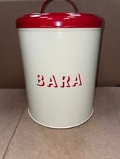 Image of Large Round Metal Bread Bin with Welsh writing (Bara) Cream with Red Lid