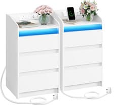 Image of Bedside Tables Set of 2 Nightstand 3 Drawer Charging Station LED USB Oak Table