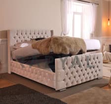 Image of CALIFORNIA OTTOMAN STORAGE BED PANEL PLUSH VELVET UPHOLSTERED BED FRAME