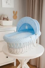 Image of Luxury Moses Basket Padded White Wicker with handles Baby Full Set - Blue Dimple