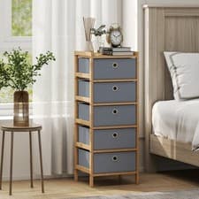 Image of Fabric Chest of Drawers, 5 Drawers Narrow Dresser with Bamboo Frame, Light Grey
