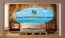 Image of Bedroom Wallpaper MURAL Palm on the beach view from cave 12 x 8.3 ft