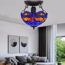 Image of Antique Tiffany Style Blue Dragonfly Ceiling Light, 16 Inch Stained Glass – UK