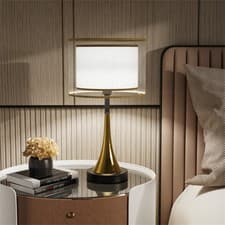 Image of Vintage Table Lamp Antique Brass Bedside Lounge Light Lamps Cotton/ Glass Shade