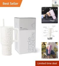 Image of Insulated 890ml Travel Mug with Handle Straw | Elegant Cream Leopard Design