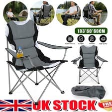 Image of Heavy Duty Padded High Backrest Folding Camping Chair with Cup Holder Grey
