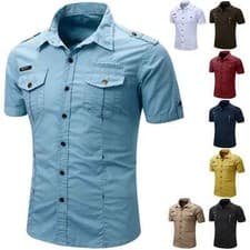 Image of New Men Casual Military Shirt Short Sleeve Cotton Cargo Work Shirts with Pockets