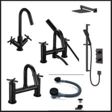 Image of Bathroom Black Mono Basin Sink Mixer Tap Waste Knurled Handle Curved Spout Bath