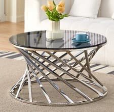 Image of Round Metal Coffee Table With Tinted Glass Tempered Top Living Room Furniture