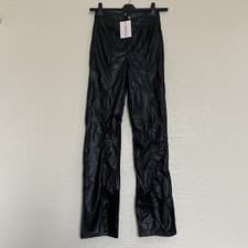 Image of Missguided Black Faux Leather Straight Leg Trousers Size UK 6 BNWT Seam Detail