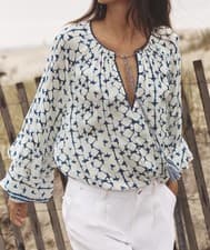 Image of BNWT Zara Printed Blouse with Metallic Thread Ecru Blue Size Small