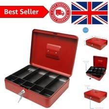 Image of 12-Inch Key Lockable Cash Box with 9 Compartment Coin Tray - Portable & Secure