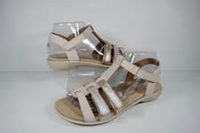 Image of NEW W.BOX HOTTER SOL BEIGE MULTI LEATHER T BAR RIPTAPE ADJUSTABLE SANDALS UK4.5S