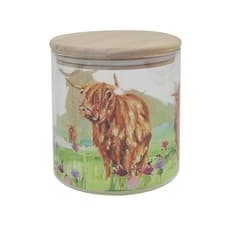 Image of Small Glass Canister Jar with Wooden Lid Highland Cow Storage Rustic Farmhouse