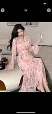 Image of Shein DAZY Floral Print Flounce Sleeve wrap Dress 16 pink ruffle bridesmaid