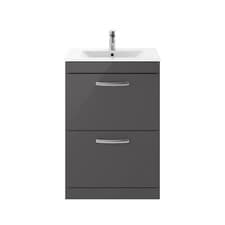 Image of Nuie Athena 600mm Floor Standing 2-Drawer Wash Basin Sink Vanity Unit Gloss Grey