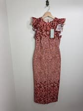 Image of Mint Velvet Geometric Column Midi Dress Size 6 Pencil Cotton Frill RRP £160