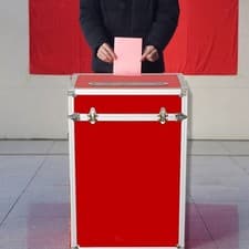 Image of Suggestion Box Red Polling Ballot Container for Voting Tickets Complaint